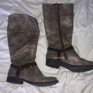 Grayish brown pleather calf high boots